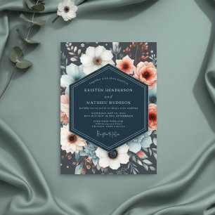 Marineblaue botanische romantische Hochzeit Einladung