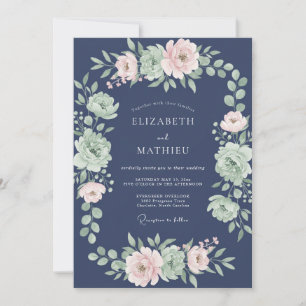 Marineblaue Botanische Romanze Hochzeit Einladung