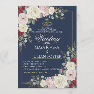 Marineblaue Burgunderrote Blush Blumen Goldrahmen  Einladung