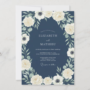 Marineblaue Creme Blumenbogen-Hochzeit Einladung