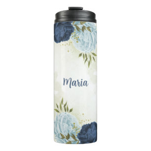 marineblaue dusty blue Blumen Grünelemente  Thermosbecher