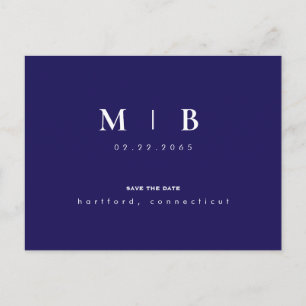 Marineblaue einfache Monogramm-Hochzeitsspeicherka Ankündigungspostkarte
