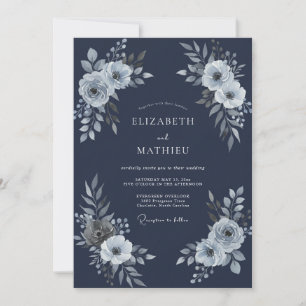 Marineblaue elegante florale romantische Hochzeit Einladung