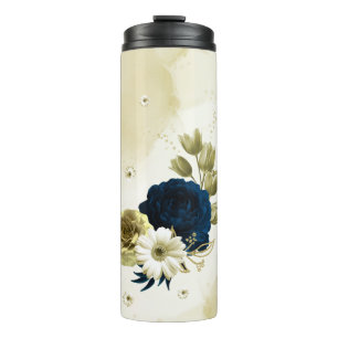 marineblaue elfenbein-gold-blumen-thermotasse thermosbecher