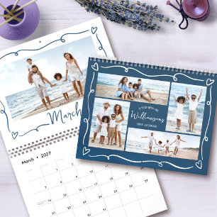 Marineblaue Familien-Handzeichnung-Doodle-Herzen-F Kalender