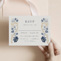 Marineblaue Floral Art Nouveau RSVP-Karte mit Mahl