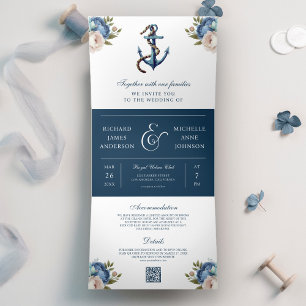 Marineblaue florale Anker-Hochzeit mit allem in ei Dreifach Gefaltete Einladung