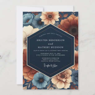 Marineblaue Florale Herbstromanze Hochzeit Einladung