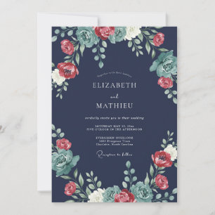 Marineblaue florale Hochzeit im romantischen Stil Einladung
