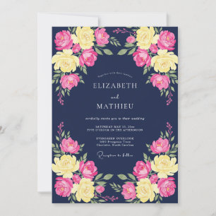 Marineblaue florale Hochzeit im Zeichen der Romant Einladung
