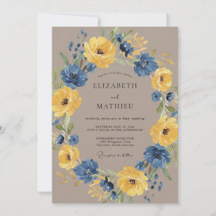 Marineblaue Florale Rustikale Hochzeit Einladung