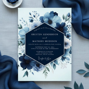 Marineblaue florale üppige romantische Hochzeit Einladung