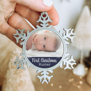 Marineblaue Foto-Baby-Erstes-Weihnachten-Schneeflo Schneeflocken Zinn-Ornament
