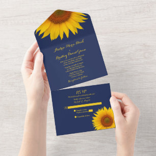 Marineblaue gelbe Sonnenblumen-Hochzeits-RSVP All In One Einladung