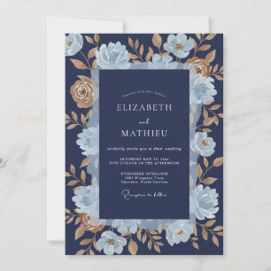 Marineblaue goldene Blumenromanze Hochzeit Einladung