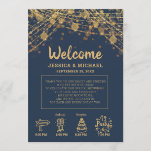 Marineblaue Goldene Lichterkette Hochzeitsplan Einladung