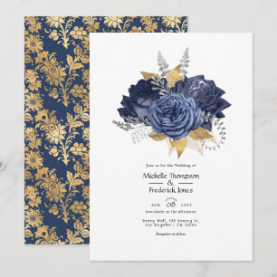 Marineblaue, Goldene und Silberne Florale Hochzeit Einladung