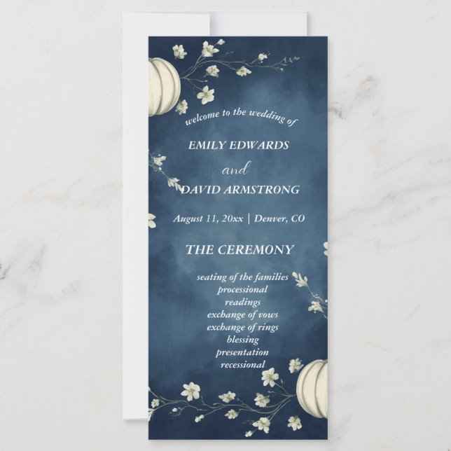 Marineblaue Herbst-Kürbis-Hochzeitsprogramm (Vorderseite)