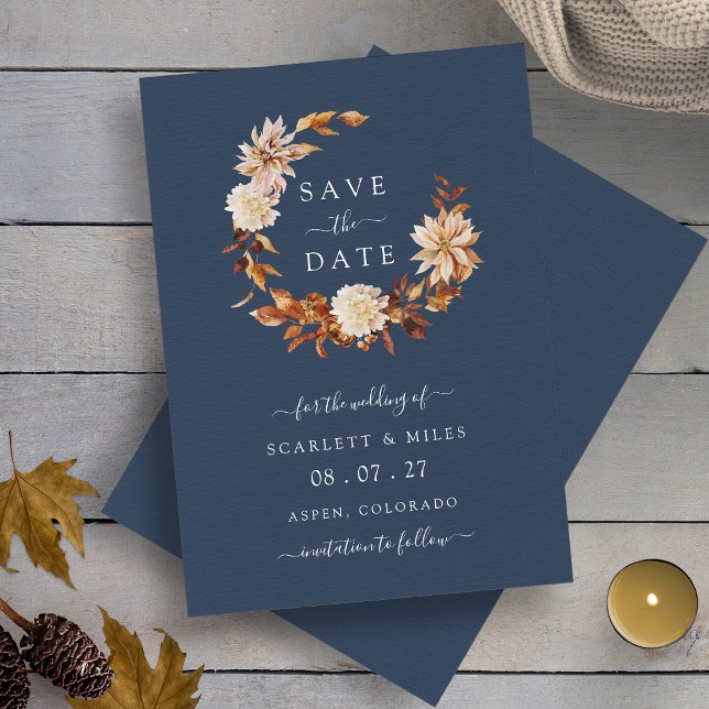 Marineblaue Herbstkranz-Hochzeit Save The Date (Navy Blue Watercolor Fall Wreath Wedding Save The Date by Painted Paperie
)