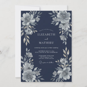 Marineblaue himmlische Blumenromanze-Hochzeit Einladung