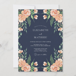 Marineblaue himmlische Blumenromanze-Hochzeit Einladung