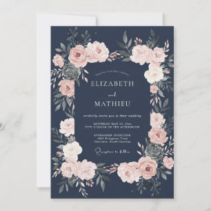 Marineblaue Hochzeit mit floralen Elementen Einladung
