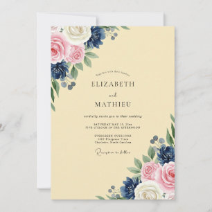 Marineblaue Hochzeit mit Rosa Anstrich Einladung