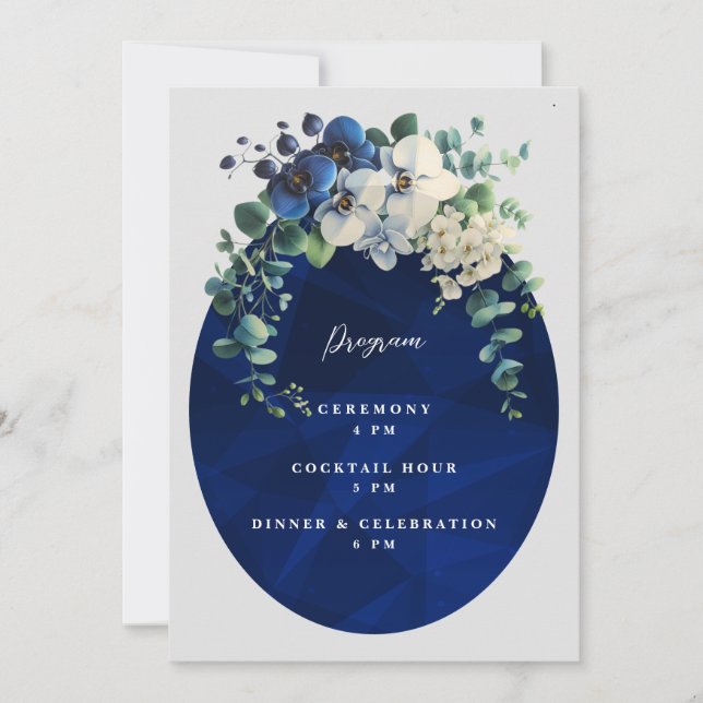 Marineblaue Hochzeitsprogramm mit Blumenmuster Einladung (Vorderseite)