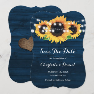Marineblaue Holz-Sonnenblumen-Lichterketten-Hochze Save The Date
