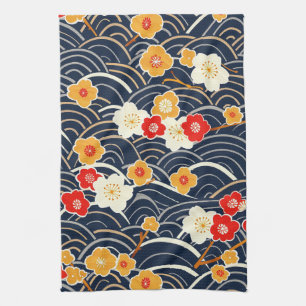 Marineblaue Japanische Welle Pflaumenblüten Blumen Geschirrtuch