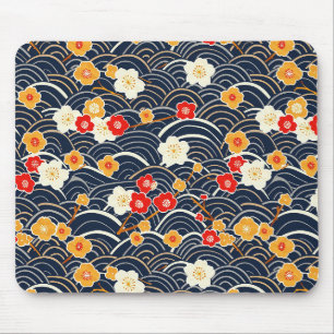 Marineblaue Japanische Welle Pflaumenblüten Blumen Mousepad