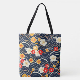 Marineblaue Japanische Welle Pflaumenblüten Blumen Tasche