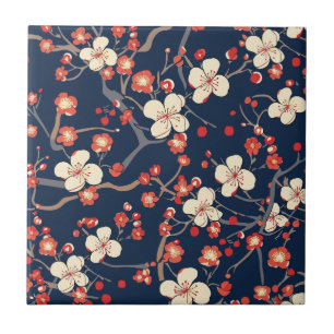 Marineblaue Kirschblüten-Japanische Blumen Fliese