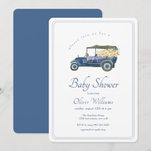 Marineblaue klassische Auto-Blumen-Fahrzeug-Baby-P Einladung