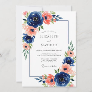 Marineblaue Korallen-Blütenhochzeit Einladung