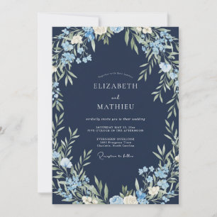 Marineblaue Kornblumen-Blattwerk-Eukalyptus-Hochze Einladung