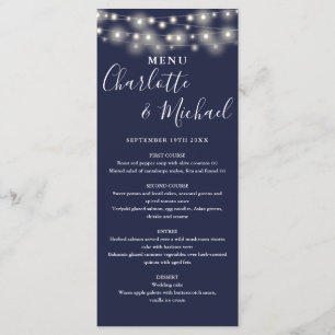 Marineblaue Lichterketten-Hochzeitsmenükarte mit U Menükarte