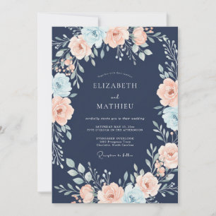 Marineblaue malerische Blumenhochzeit Einladung