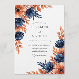 Marineblaue malerische Blütenhochzeit Einladung