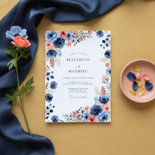 Marineblaue malerische Hochzeit mit Blumen Einladung
