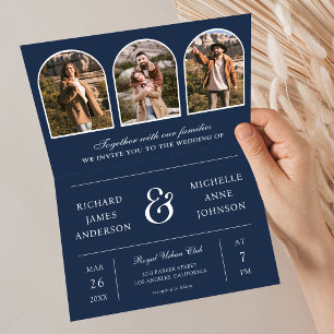 Marineblaue Minimal Arch Foto QR-Code Hochzeit Einladung