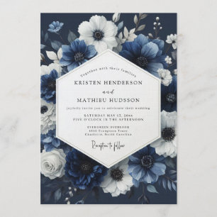 Marineblaue Mitternachts-Blumenhochzeit Einladung