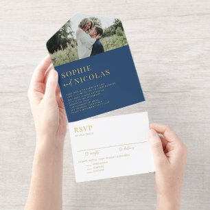 Marineblaue moderne handgeschriebene Foto-Hochzeit All-in-One-Einladung