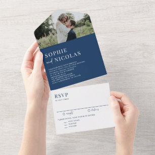 Marineblaue moderne Handschrift-Foto-Hochzeit All In One Einladung