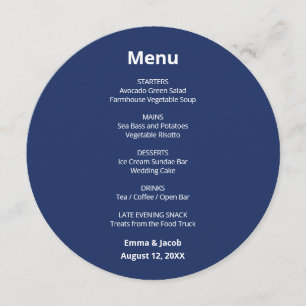 Marineblaue moderne runde Hochzeitskarte Menükarte