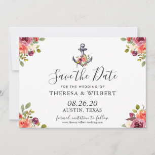 Marineblaue nautische Anker-Blumen-Save-the-Date-K Save The Date