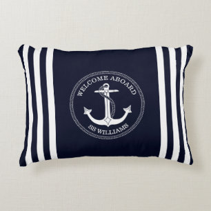Marineblaue Navy Weiße Anker Streifen Bootsname Dekokissen