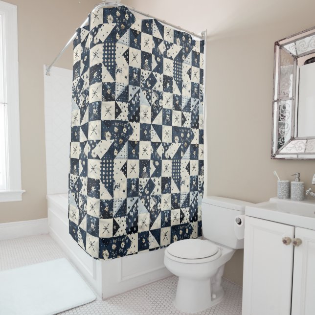 Marineblaue Patchworkdecke Rustikale Blumen Retro Duschvorhang (Beispiel)