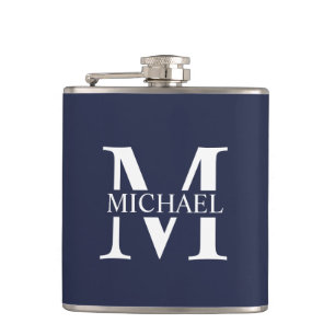Marineblaue personalisierte Monogramm- und Namens- Flachmann