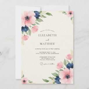 Marineblaue Pinke Malerische Florale Hochzeit Einladung